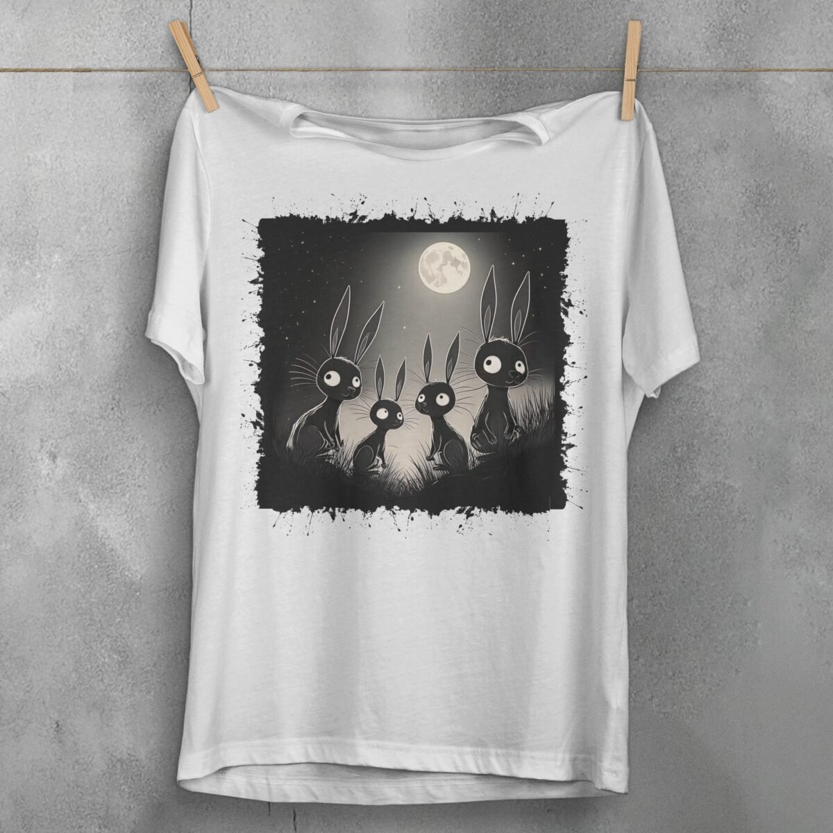 black rabbits watching full moon gothic animal t-shirt design, variation 2