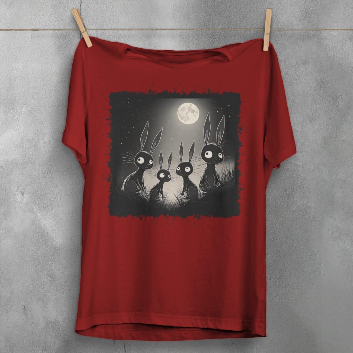 black rabbits watching full moon gothic animal t-shirt design, variation 4