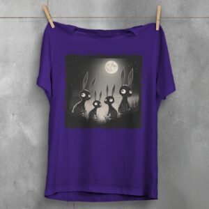 black rabbits watching full moon gothic animal t-shirt design, variation 5