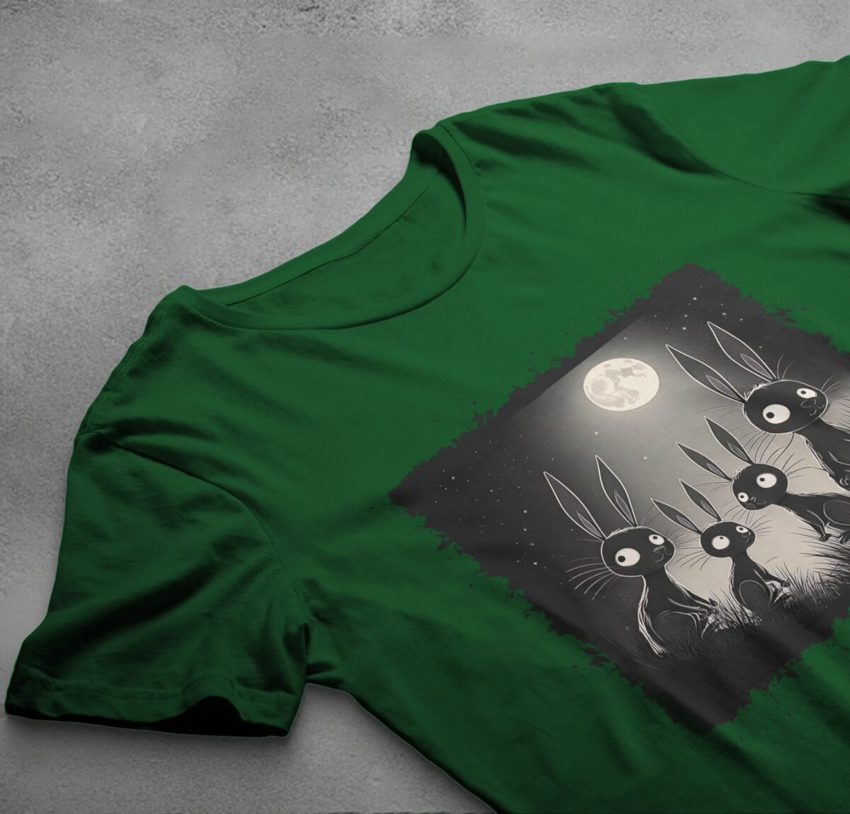 black rabbits watching full moon gothic animal t-shirt design, variation 6