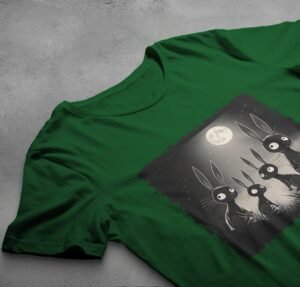 black rabbits watching full moon gothic animal t-shirt design, variation 6