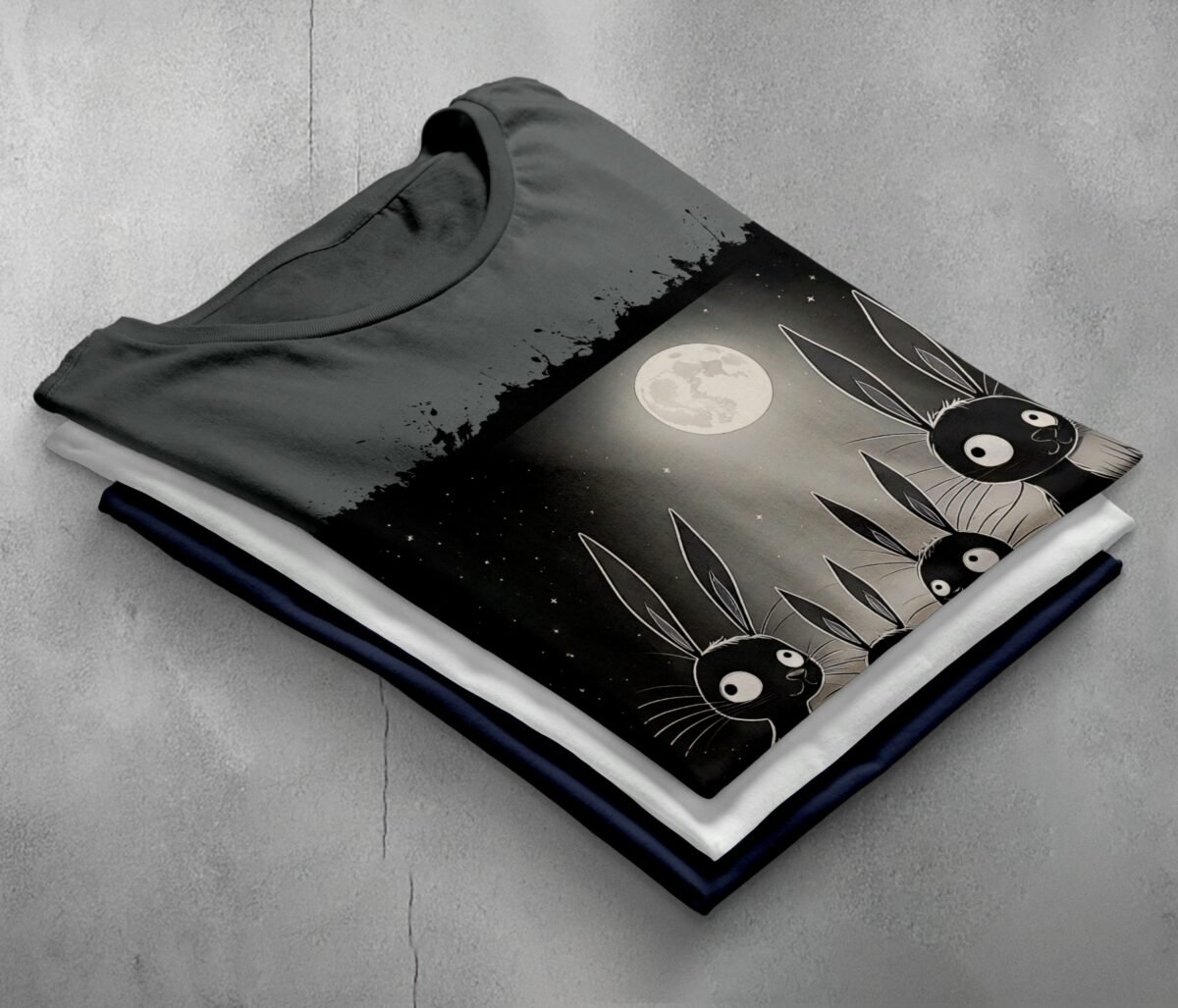 black rabbits watching full moon gothic animal t-shirt design, variation 7