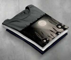 black rabbits watching full moon gothic animal t-shirt design, variation 7
