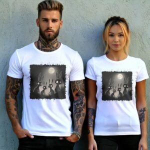 black rabbits watching full moon gothic animal t-shirt design, variation 9