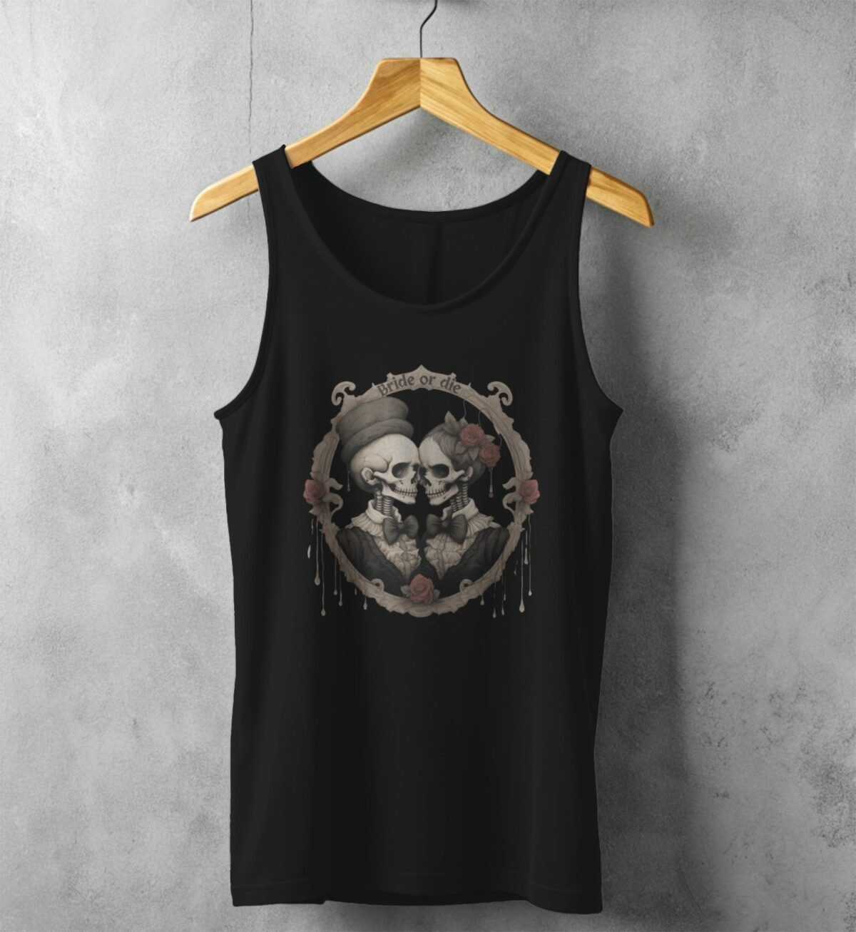 bride die gothic skeleton wedding illustration tank design, variation 1