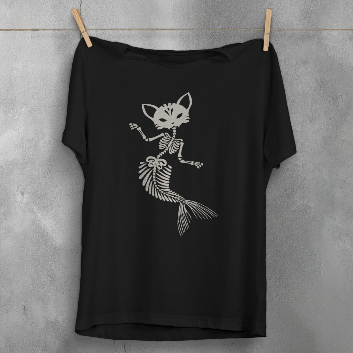 Cat mermaid skeleton dance mysterious gothic black soft t-shirt - 1