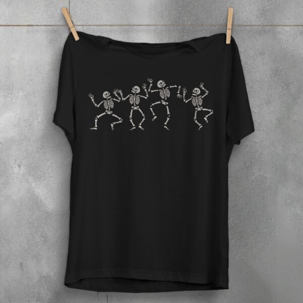 dancing skeletons celebration spooky season gothic t-shirt design, variation 1