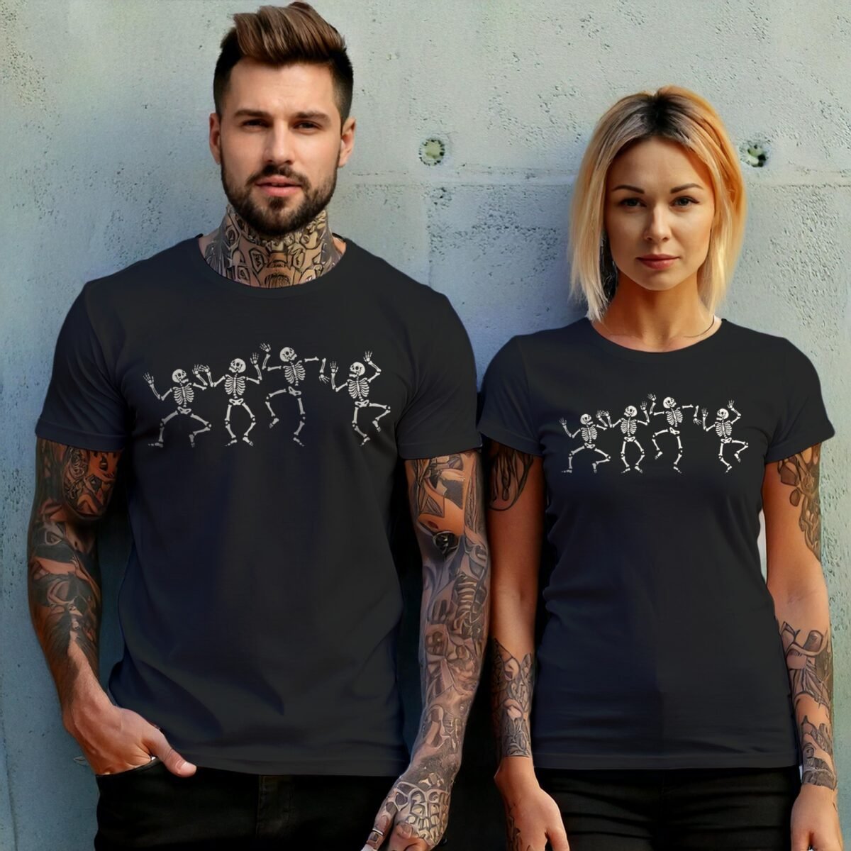 dancing skeletons celebration spooky season gothic t-shirt design, variation 10