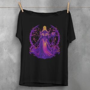 enchantress figure orb sword gothic artwork t-shirt design, variation 1