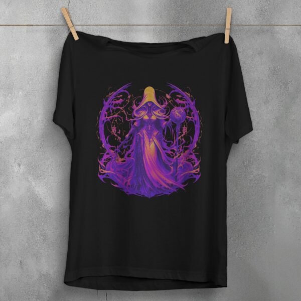 enchantress figure orb sword gothic artwork t-shirt design, variation 1