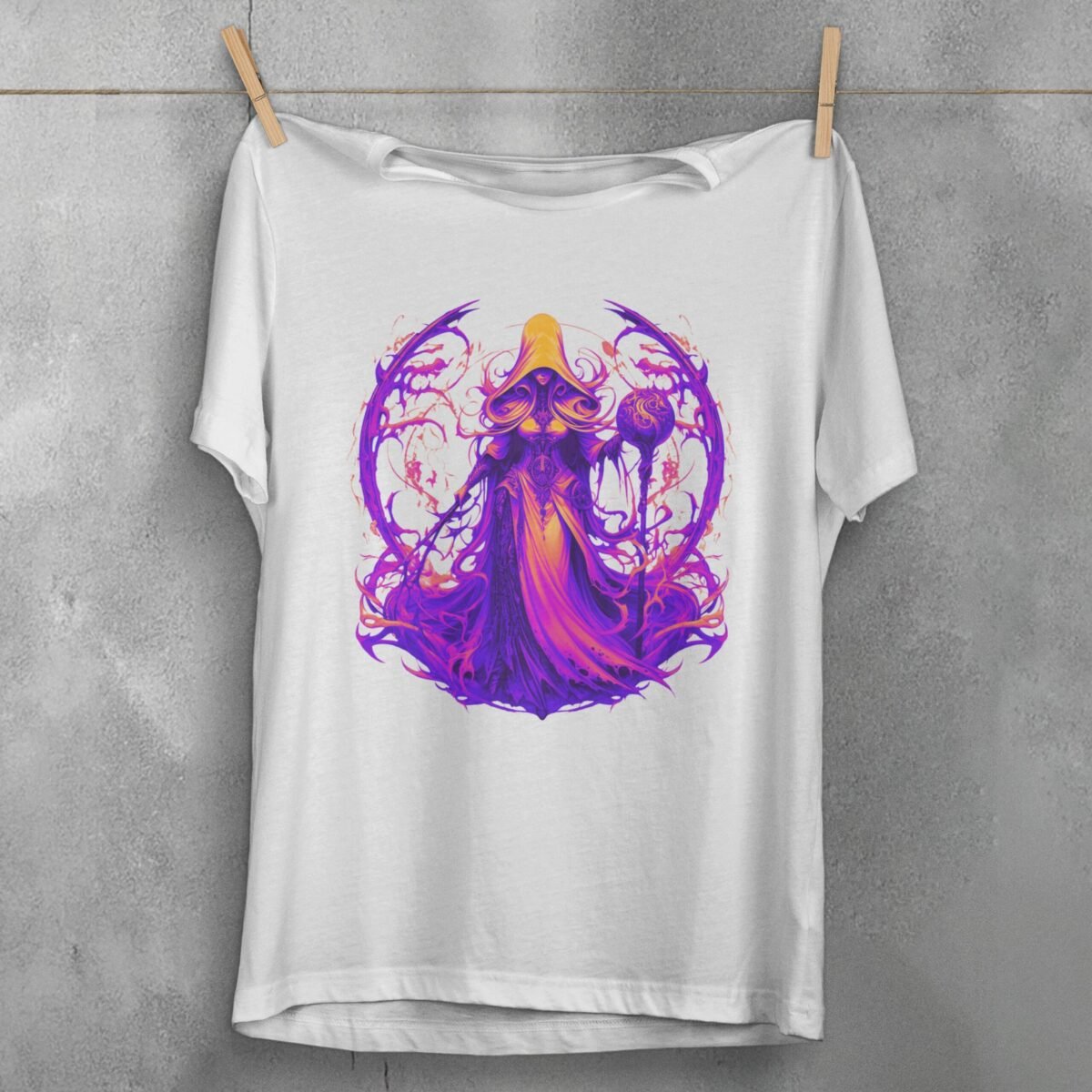 enchantress figure orb sword gothic artwork t-shirt design, variation 2