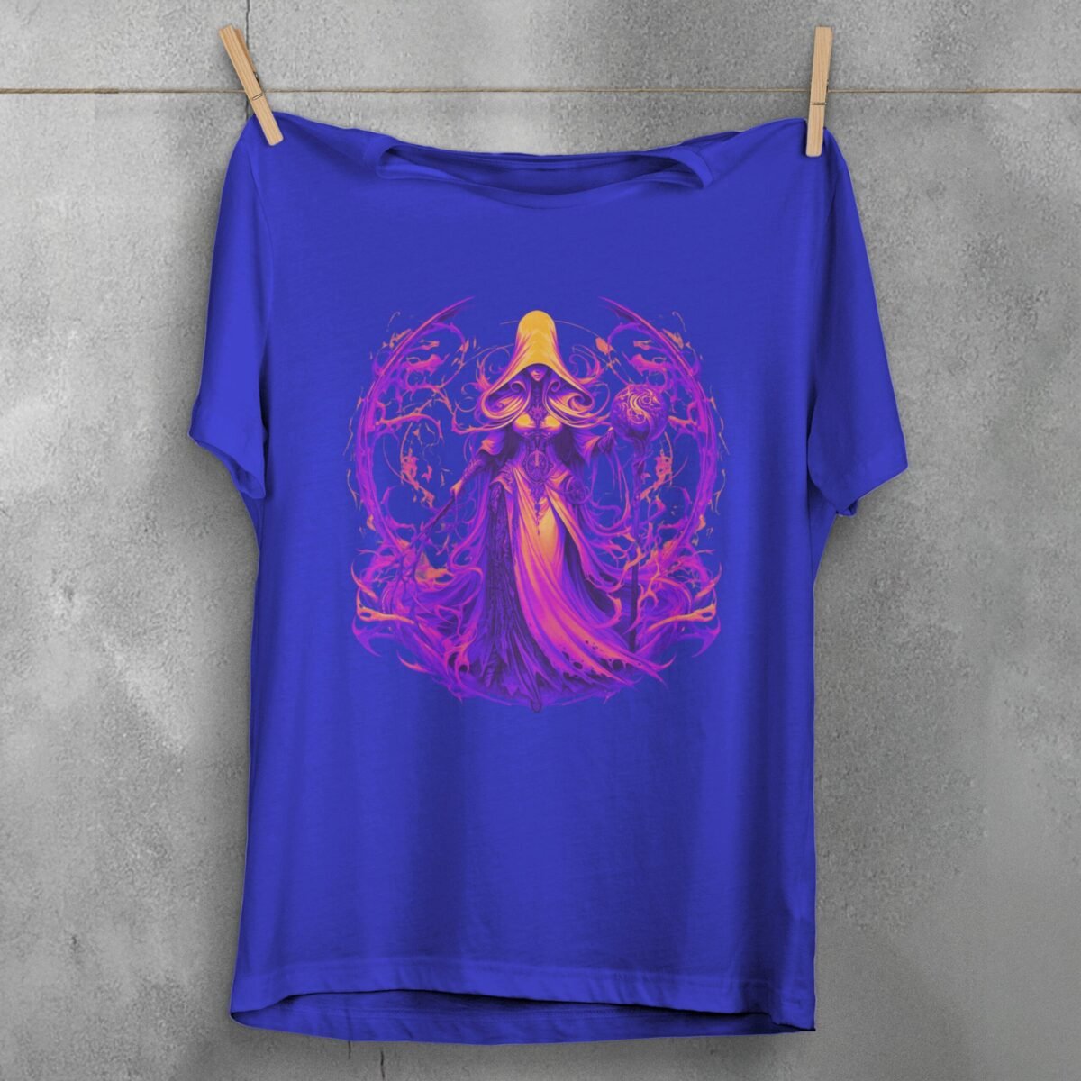 enchantress figure orb sword gothic artwork t-shirt design, variation 3