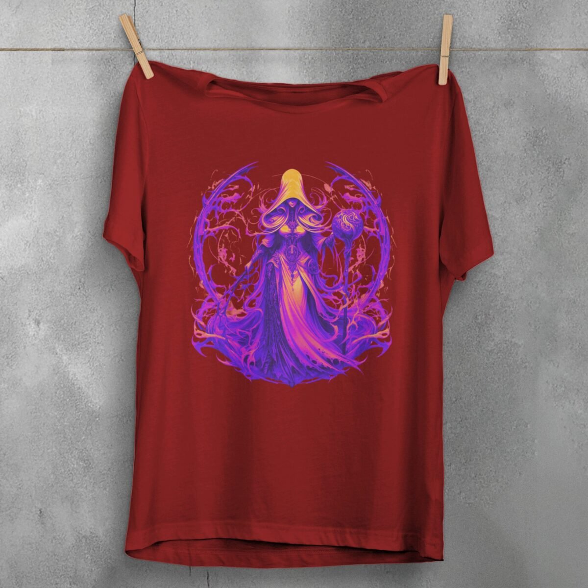 enchantress figure orb sword gothic artwork t-shirt design, variation 4