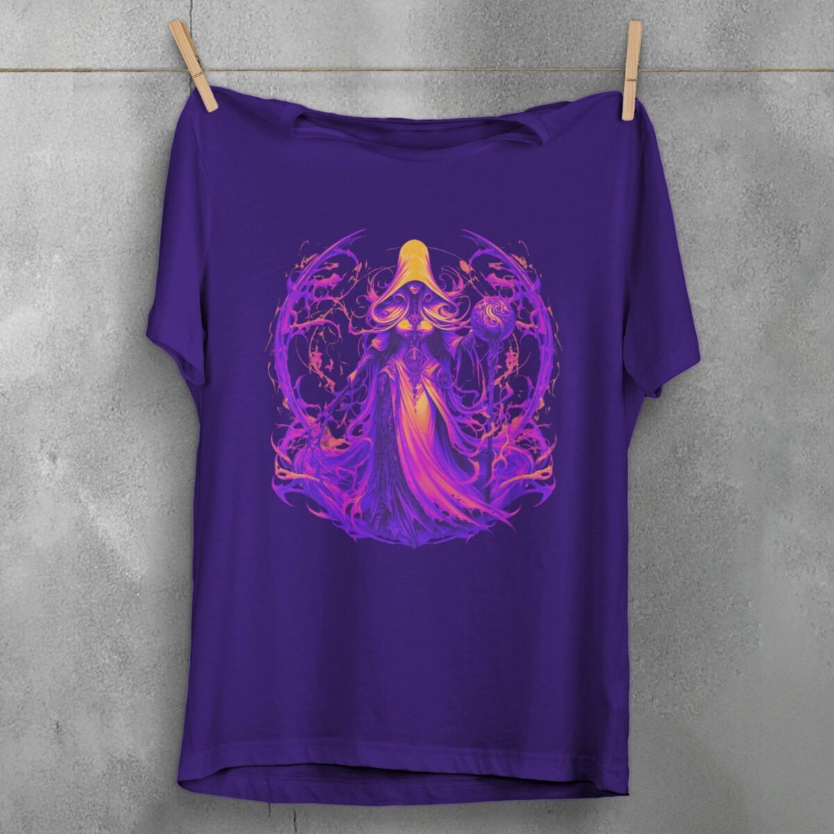 enchantress figure orb sword gothic artwork t-shirt design, variation 5