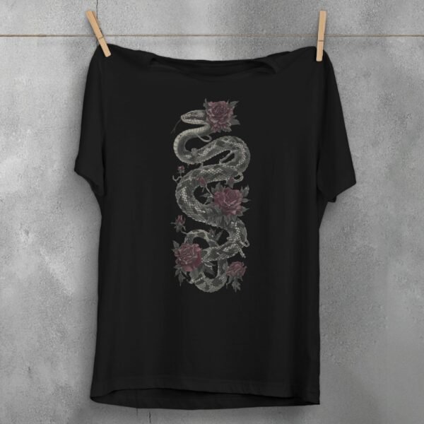 Ensnared in rose thorns the snake sways soft gothic t-shirt - 1