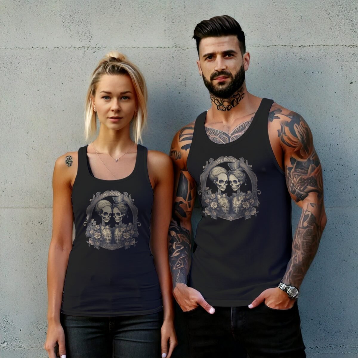 eternal skeletons couple love till death gothic tank design, variation 7