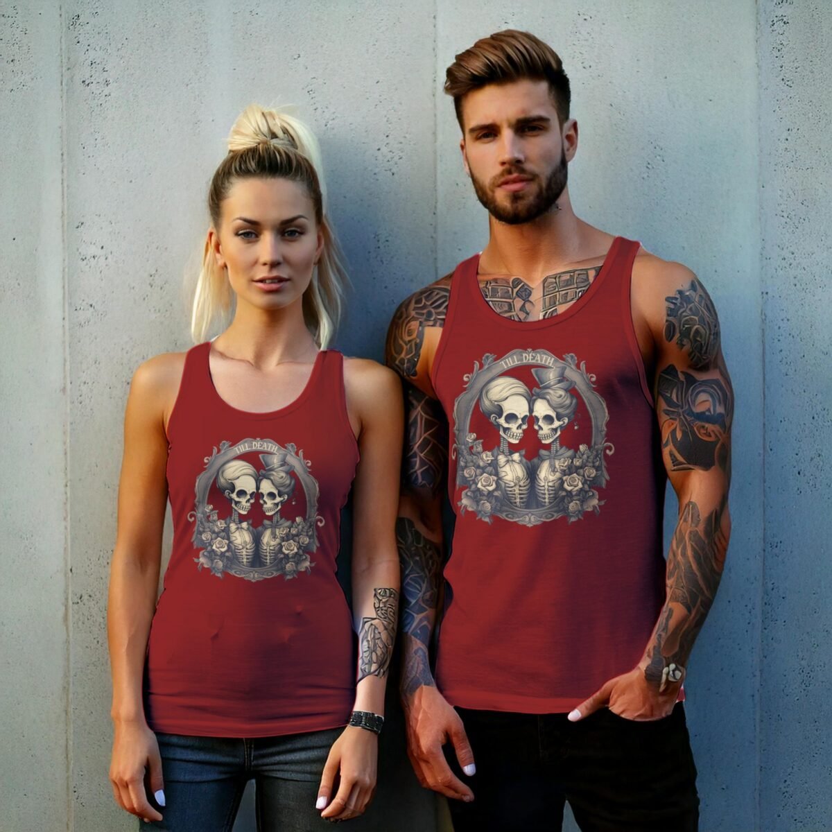 eternal skeletons couple love till death gothic tank design, variation 8