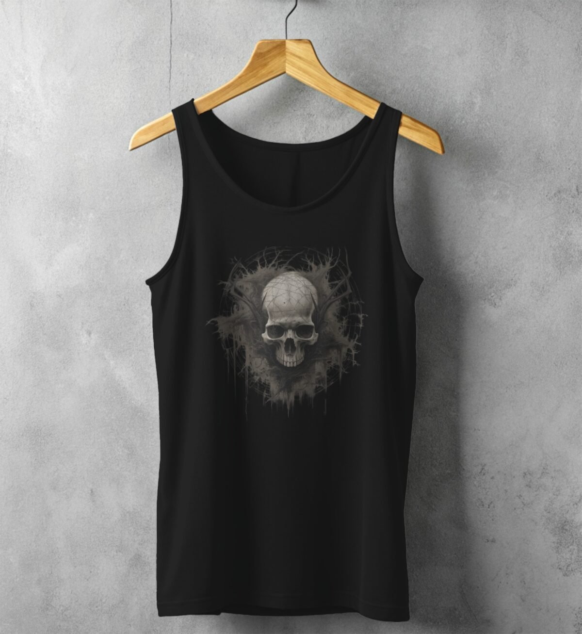 ethereal skeleton antlers surrounded decay skull gothic tank design, variation 1