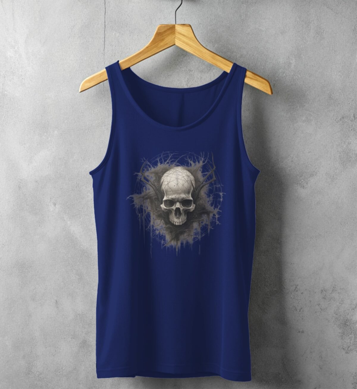 ethereal skeleton antlers surrounded decay skull gothic tank design, variation 2