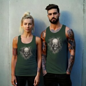 ethereal skeleton antlers surrounded decay skull gothic tank design, variation 6