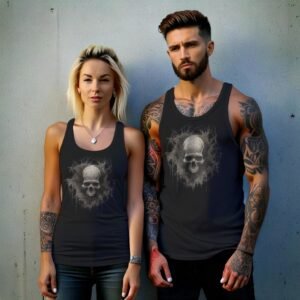 ethereal skeleton antlers surrounded decay skull gothic tank design, variation 9