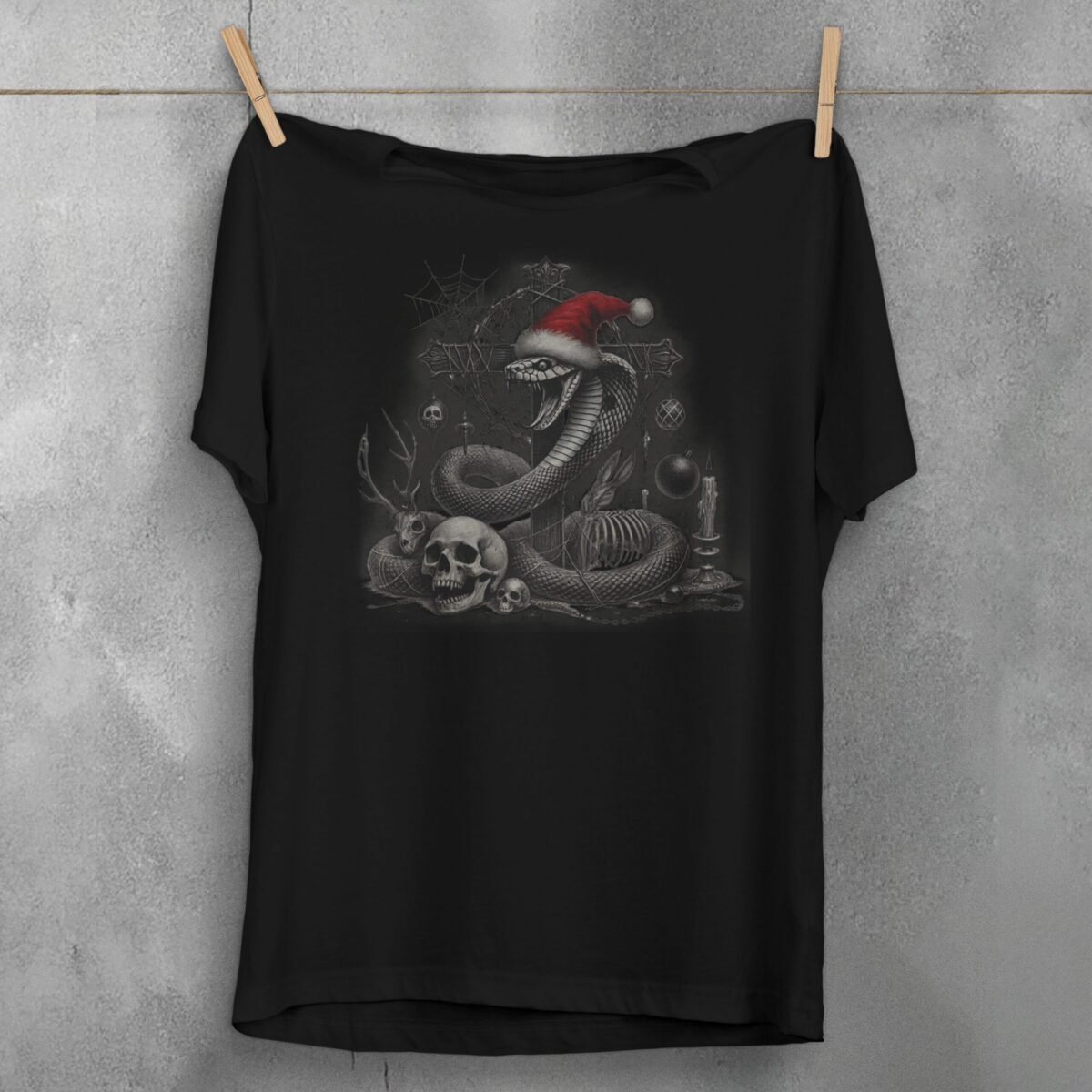 Festive Snake with Skull Gothic Christmas Snake Artistic T-Shirt - 1