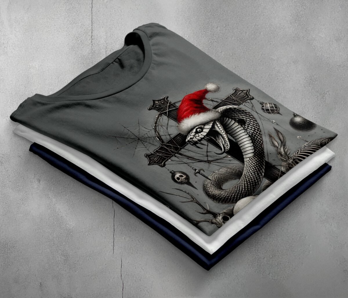 Festive Snake with Skull Gothic Christmas Snake Artistic T-Shirt - 2
