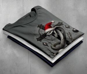 Festive Snake with Skull Gothic Christmas Snake Artistic T-Shirt - 2