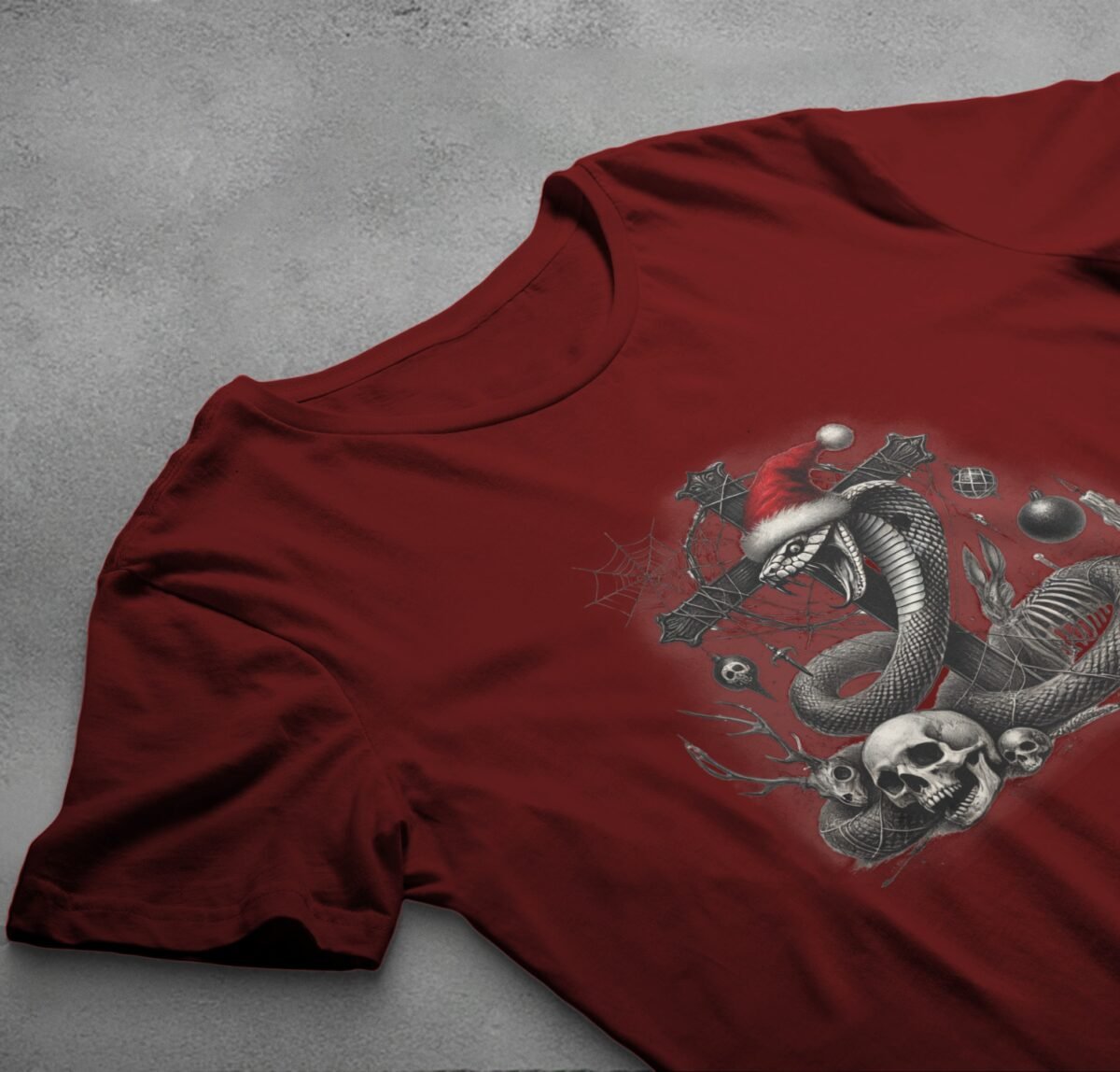 Festive Snake with Skull Gothic Christmas Snake Artistic T-Shirt - 4