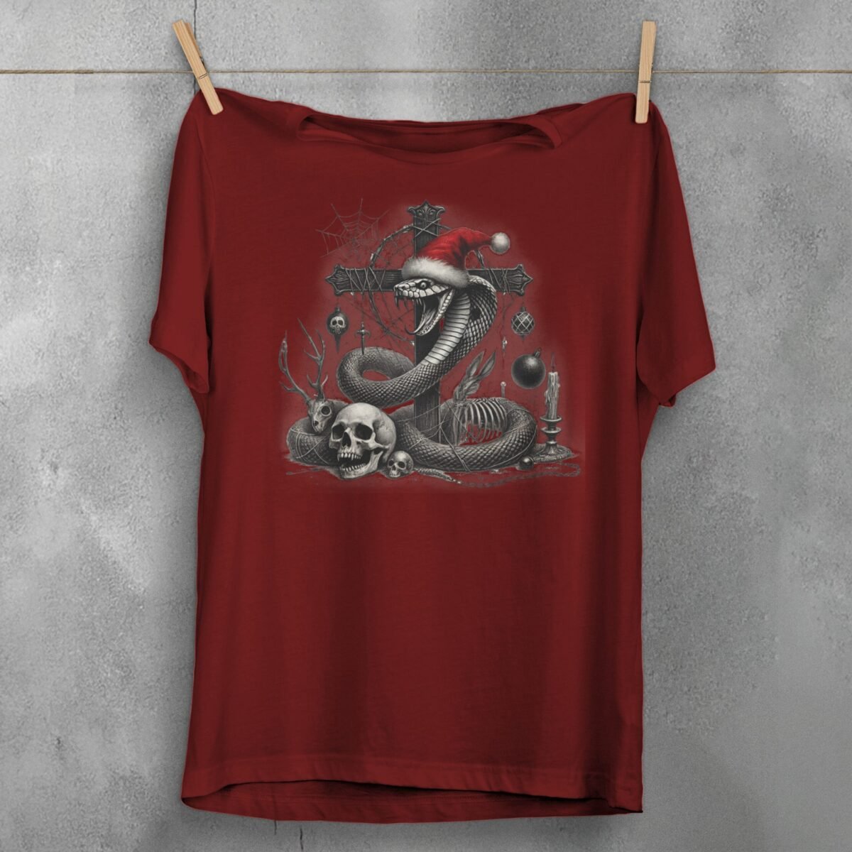 Festive Snake with Skull Gothic Christmas Snake Artistic T-Shirt - 7