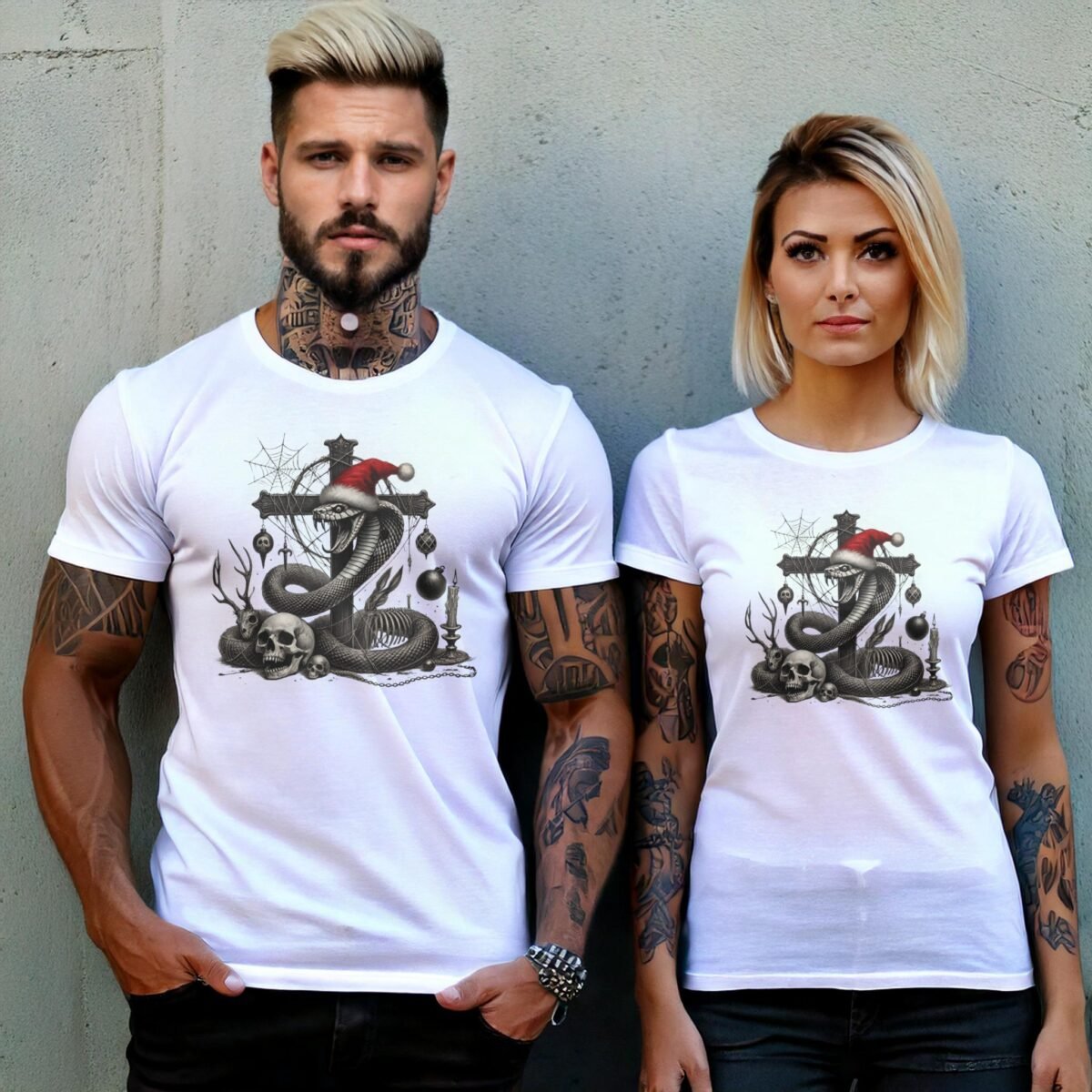 Festive Snake with Skull Gothic Christmas Snake Artistic T-Shirt - 8