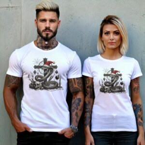 Festive Snake with Skull Gothic Christmas Snake Artistic T-Shirt - 8