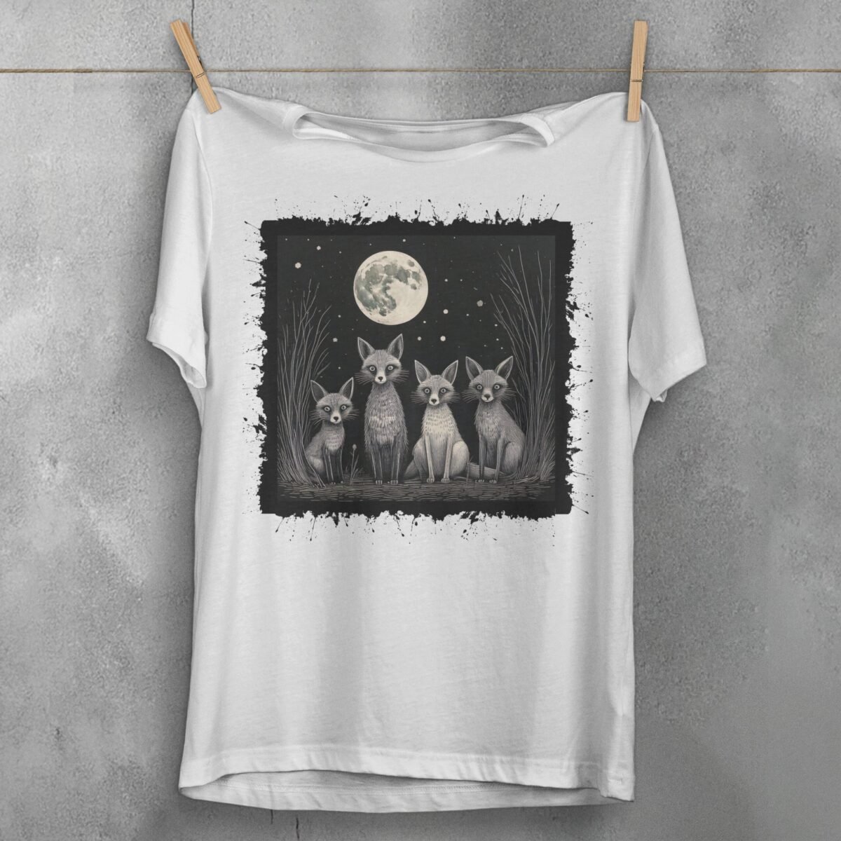four charming foxes moon mystery animals t-shirt design, variation 2