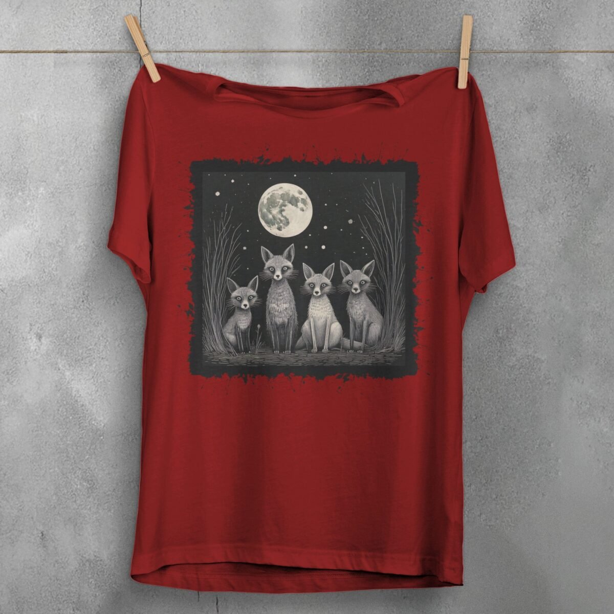 four charming foxes moon mystery animals t-shirt design, variation 4