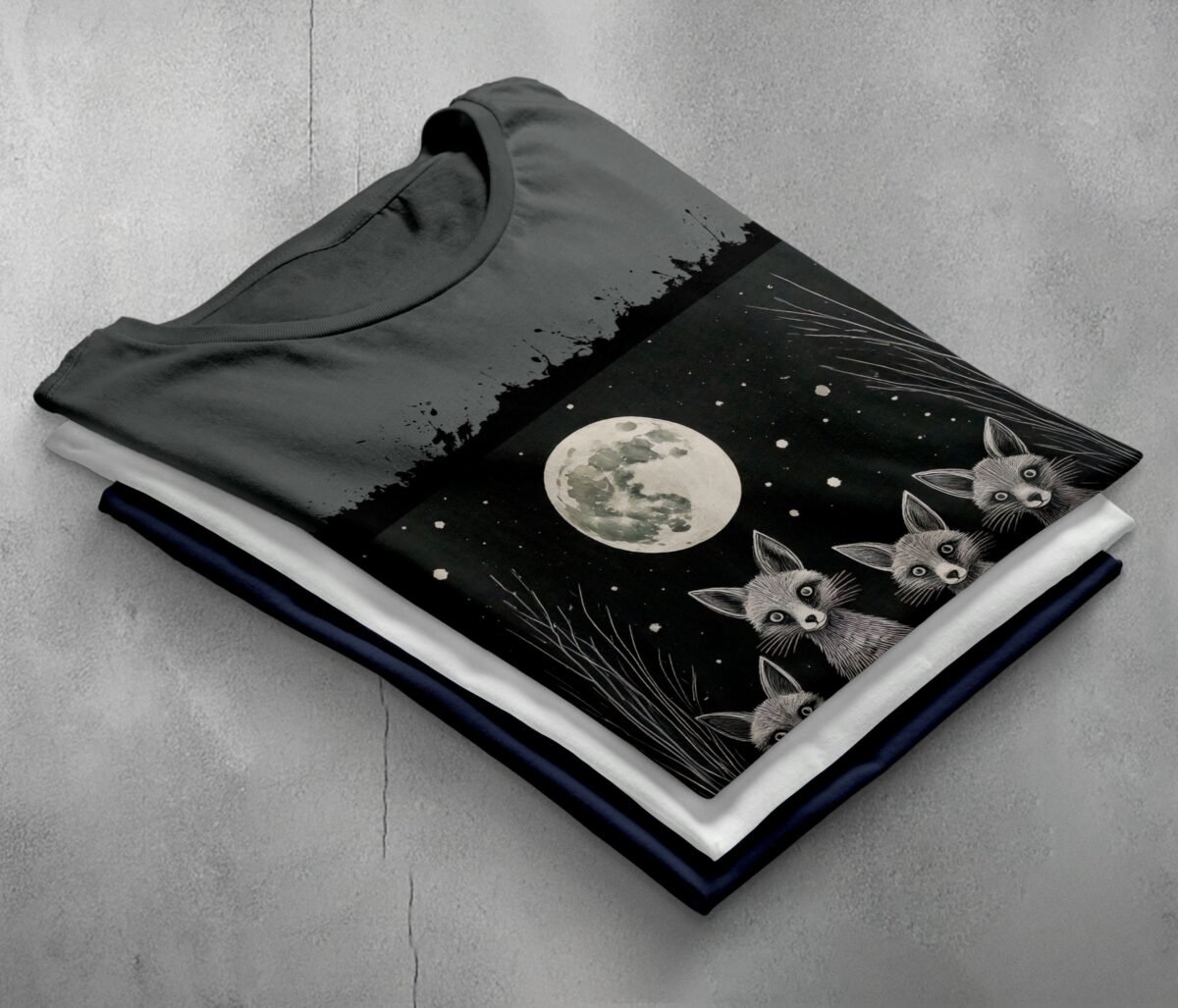four charming foxes moon mystery animals t-shirt design, variation 7