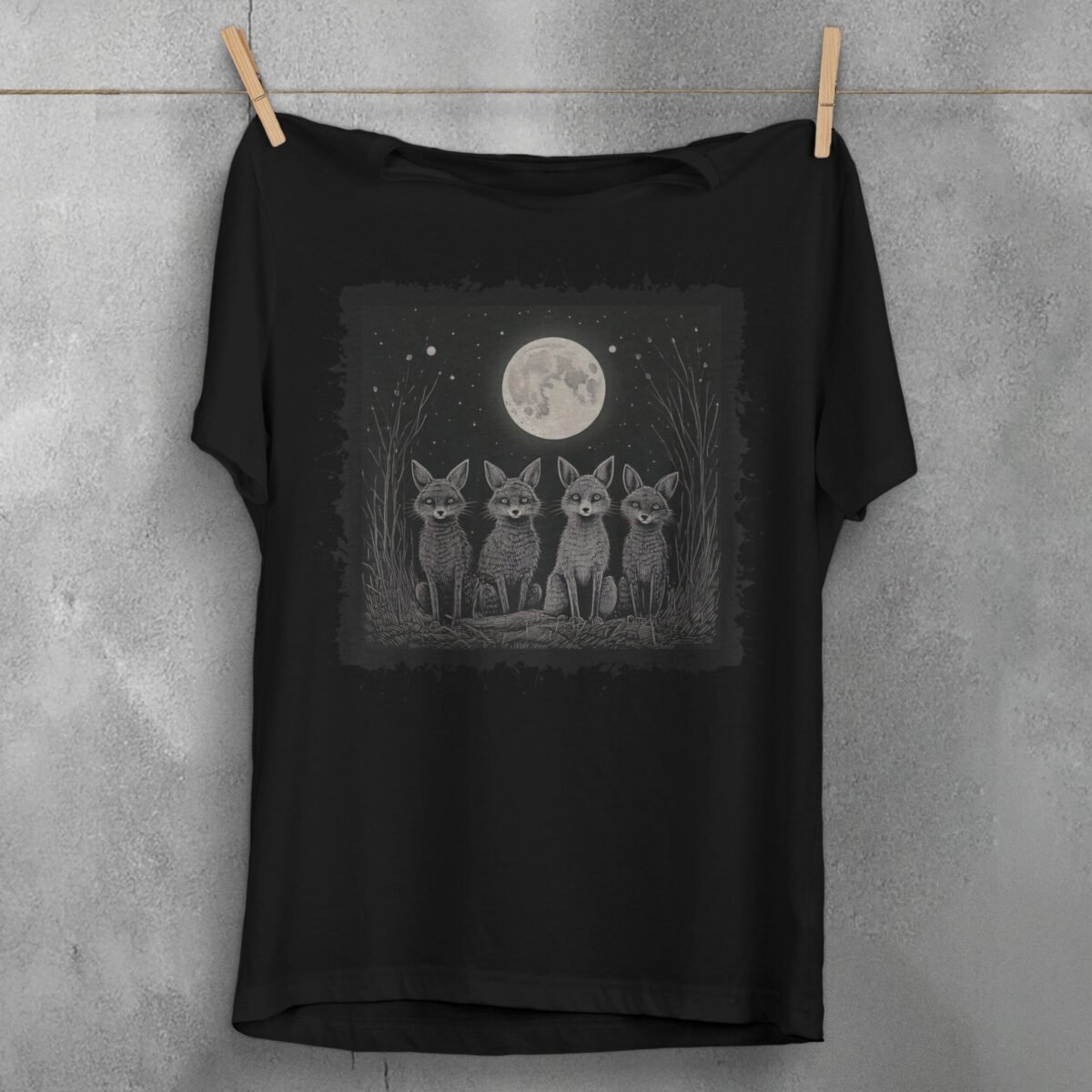 four foxes moonlight starry night animal t-shirt design, variation 1
