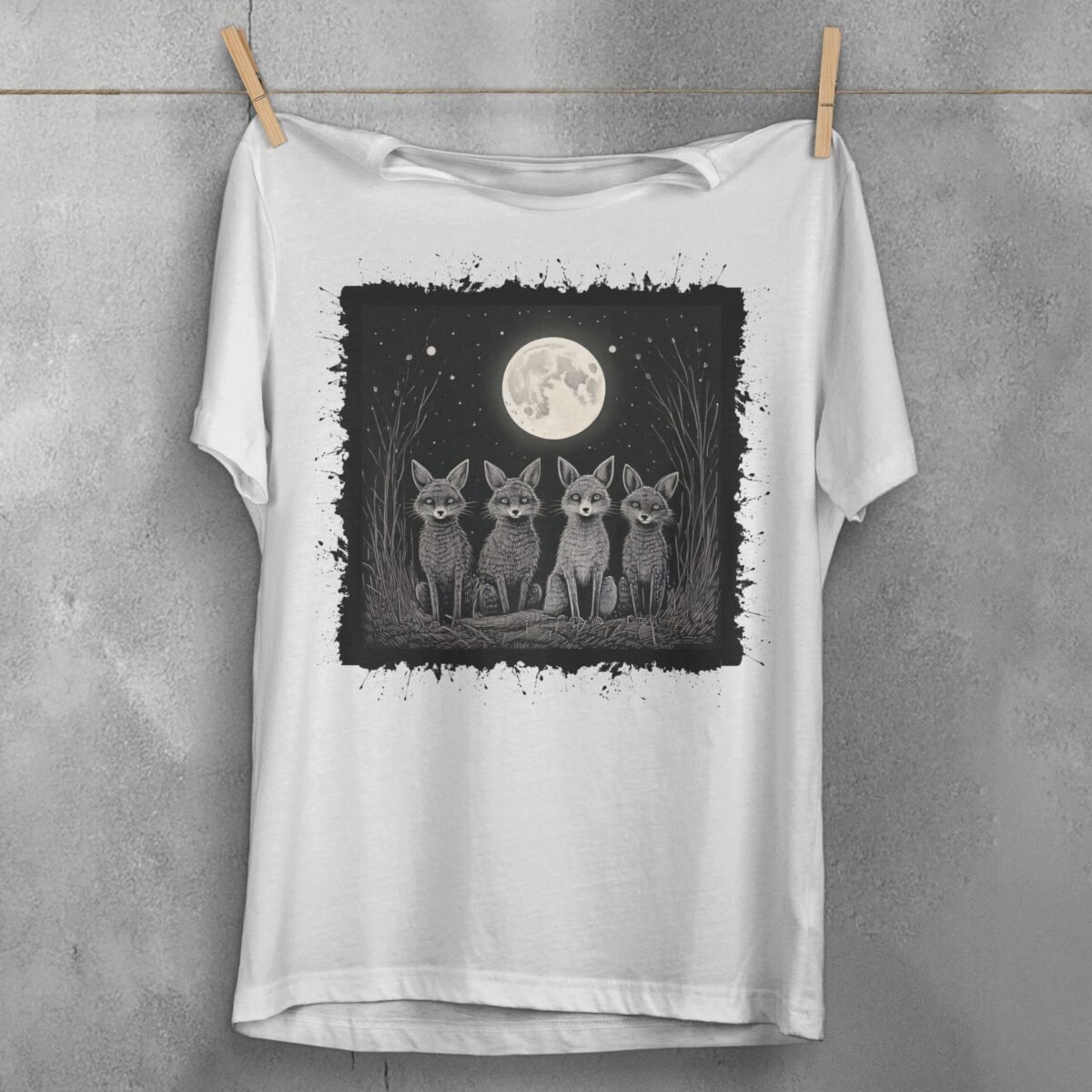 four foxes moonlight starry night animal t-shirt design, variation 2