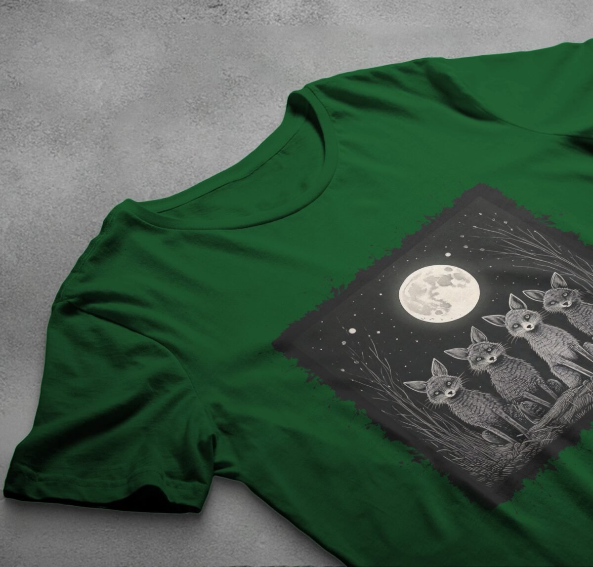 four foxes moonlight starry night animal t-shirt design, variation 6