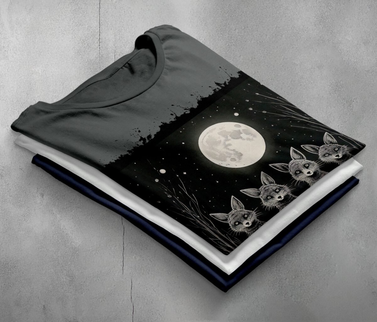 four foxes moonlight starry night animal t-shirt design, variation 7