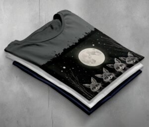 four foxes moonlight starry night animal t-shirt design, variation 7