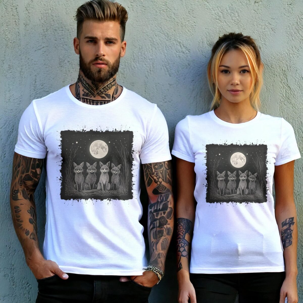 four foxes moonlight starry night animal t-shirt design, variation 9