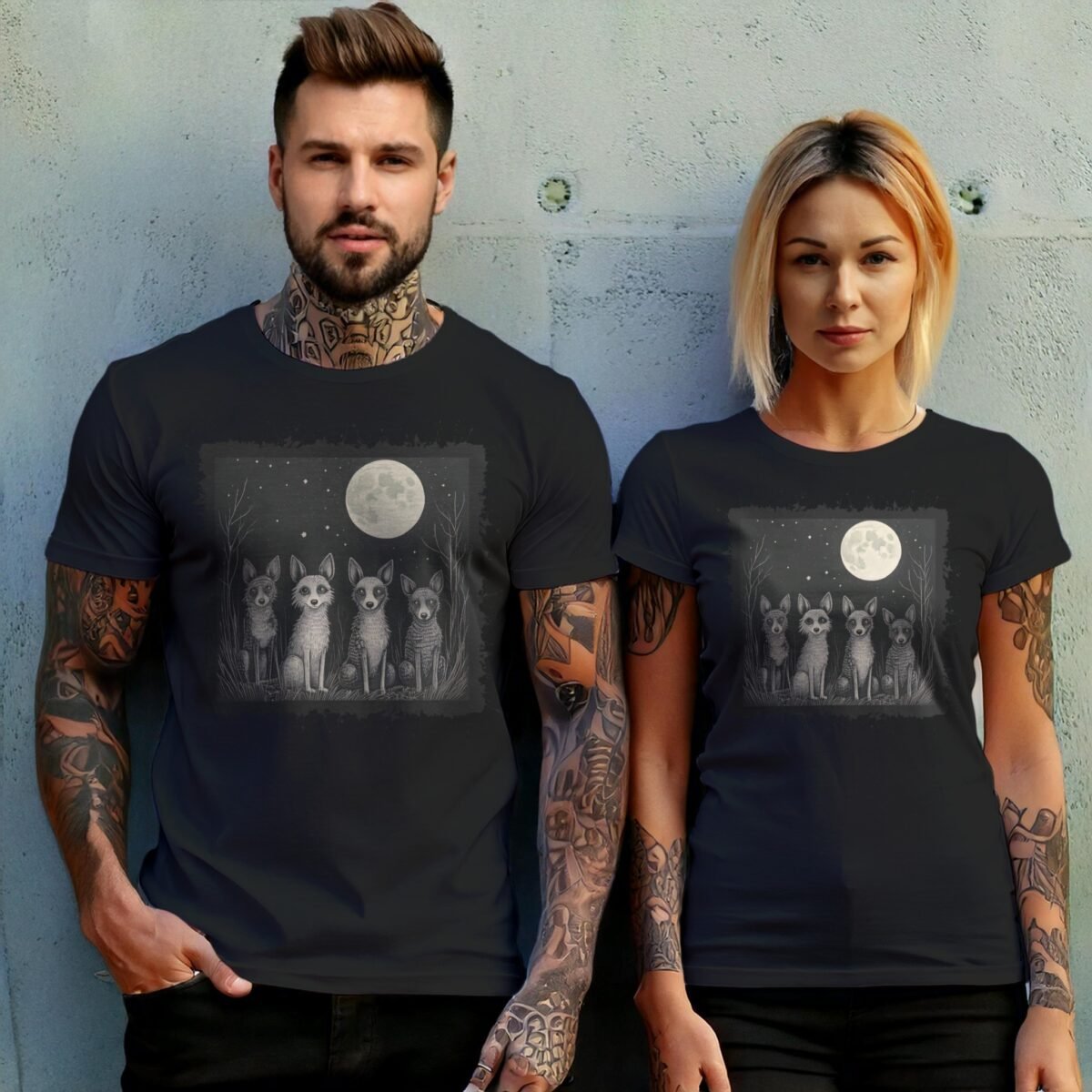 four nocturnal dogs moon night animal t-shirt design, variation 10