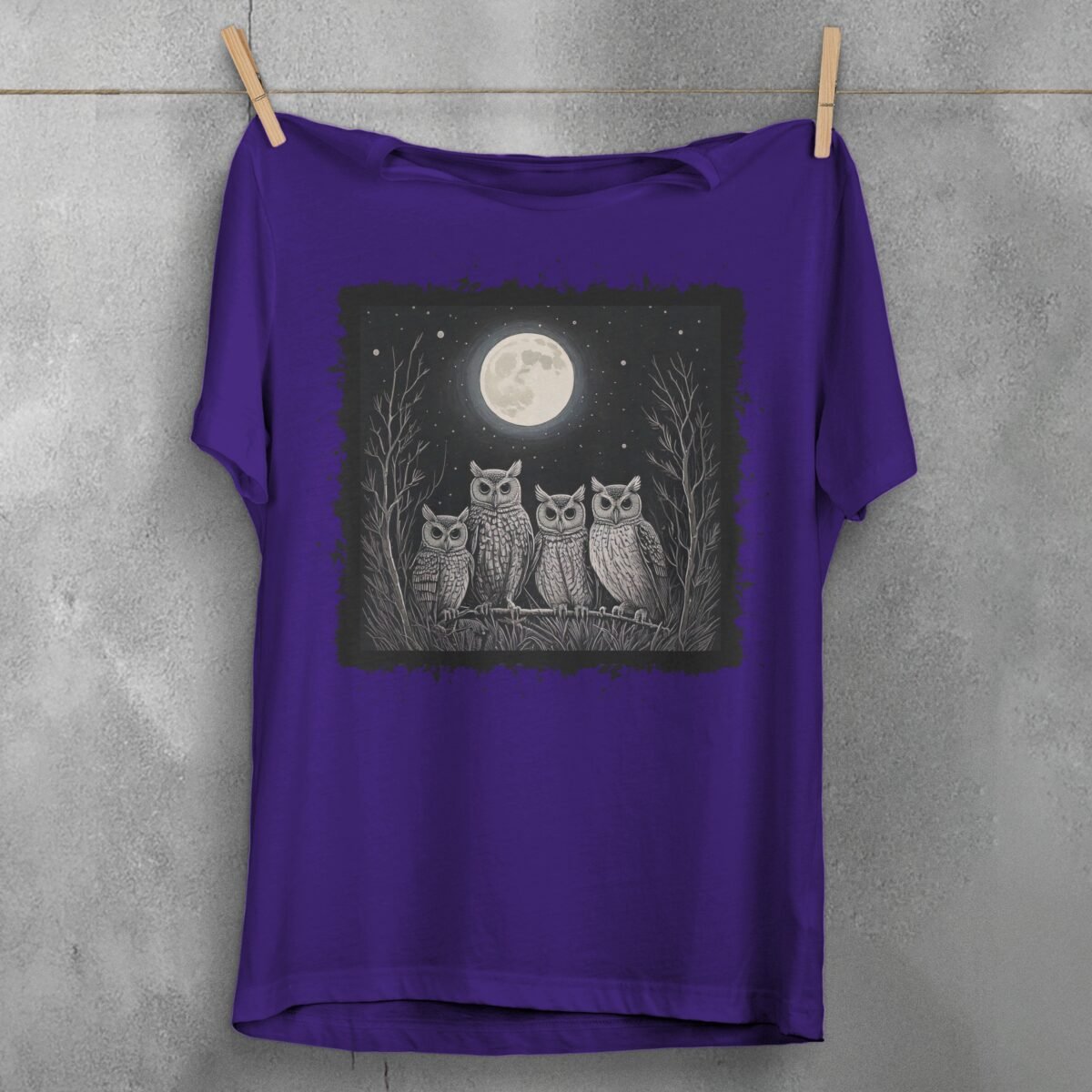 four owls moon gothic wiccan night animal t-shirt design, variation 5