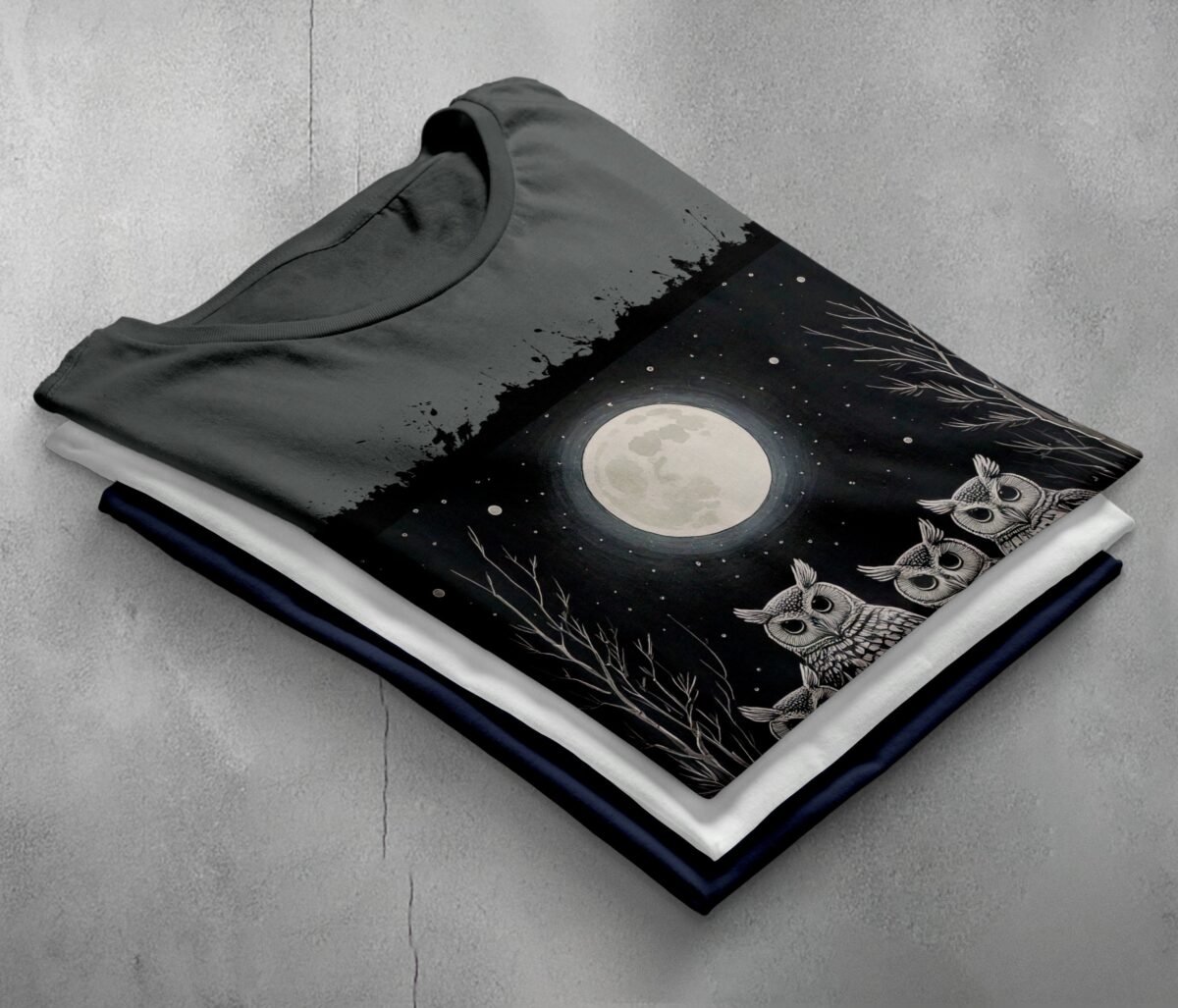 four owls moon gothic wiccan night animal t-shirt design, variation 7