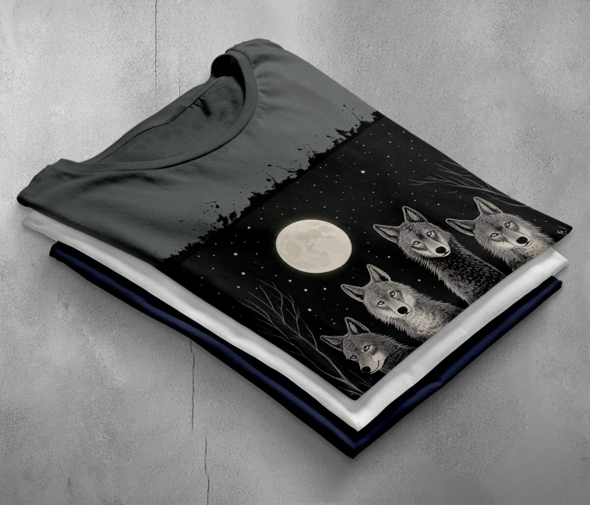 four wolves moonlight night animal t-shirt design, variation 7