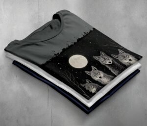 four wolves moonlight night animal t-shirt design, variation 7
