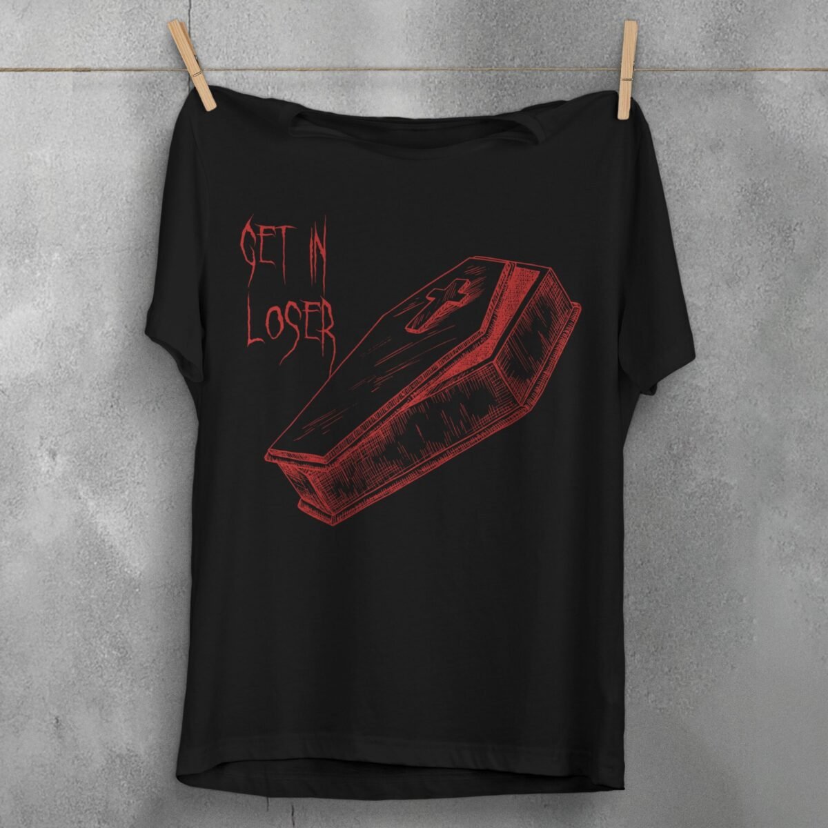 Get In Loser Coffin Gothic Humor Funny Sketch T-Shirt - 1