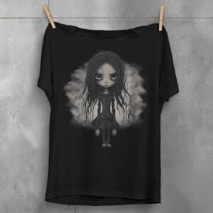 gothic doll big eyes dark hair t-shirt design, variation 1