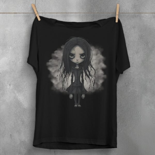 gothic doll big eyes dark hair t-shirt design, variation 1