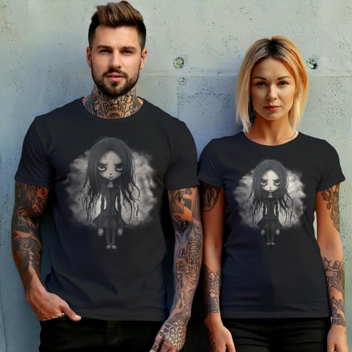gothic doll big eyes dark hair t-shirt design, variation 10